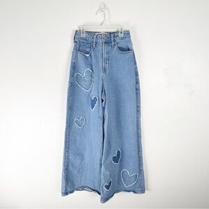 SOCIAL TOURIST Blue Ultra High Rise Baggy Hearts Patches Wide Leg Jeans 26 Boho